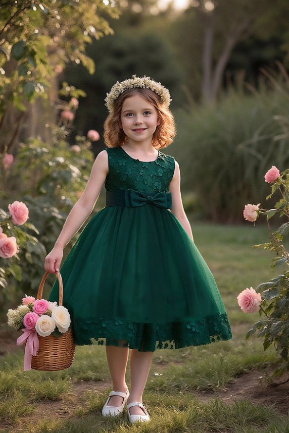 Burgundy Satin Bow 3D floral Lace Tulle A-Line Flower Girl Dress