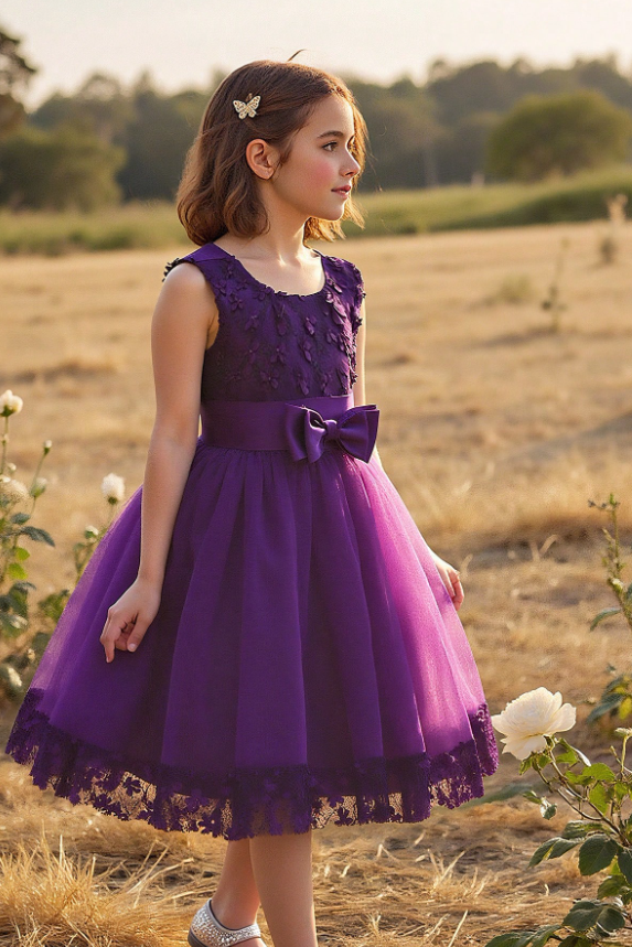 Burgundy Satin Bow 3D floral Lace Tulle A-Line Flower Girl Dress