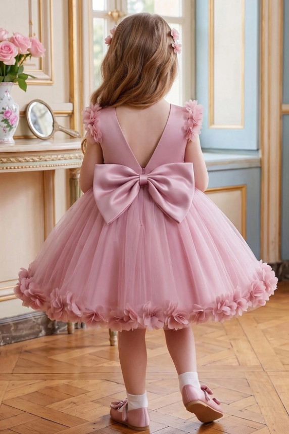 Pink Satin 3D Flowers Tulle Big Back Bow A-Line Flower Girl Dress