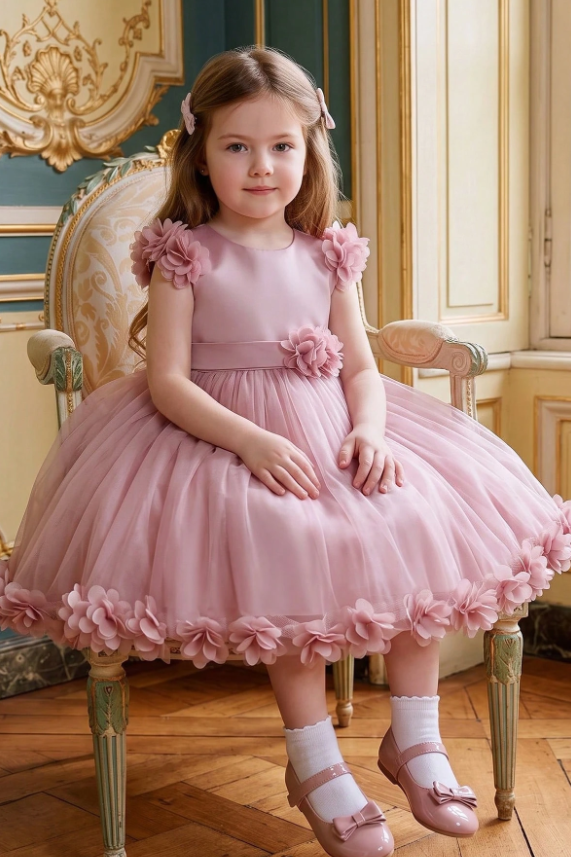 Pink Satin 3D Flowers Tulle Big Back Bow A-Line Flower Girl Dress