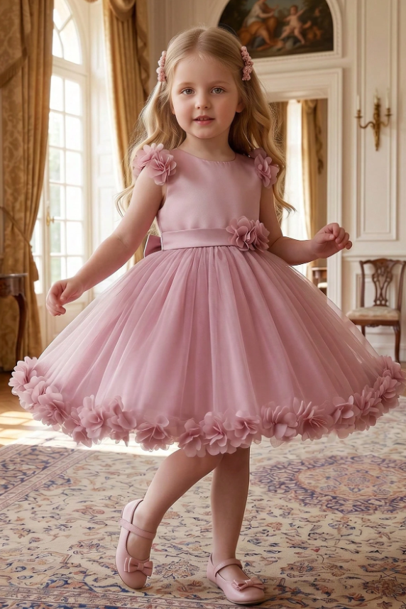 Pink Satin 3D Flowers Tulle Big Back Bow A-Line Flower Girl Dress