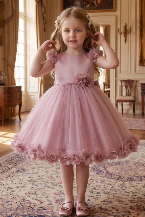 Pink Satin 3D Flowers Tulle Big Back Bow A-Line Flower Girl Dress