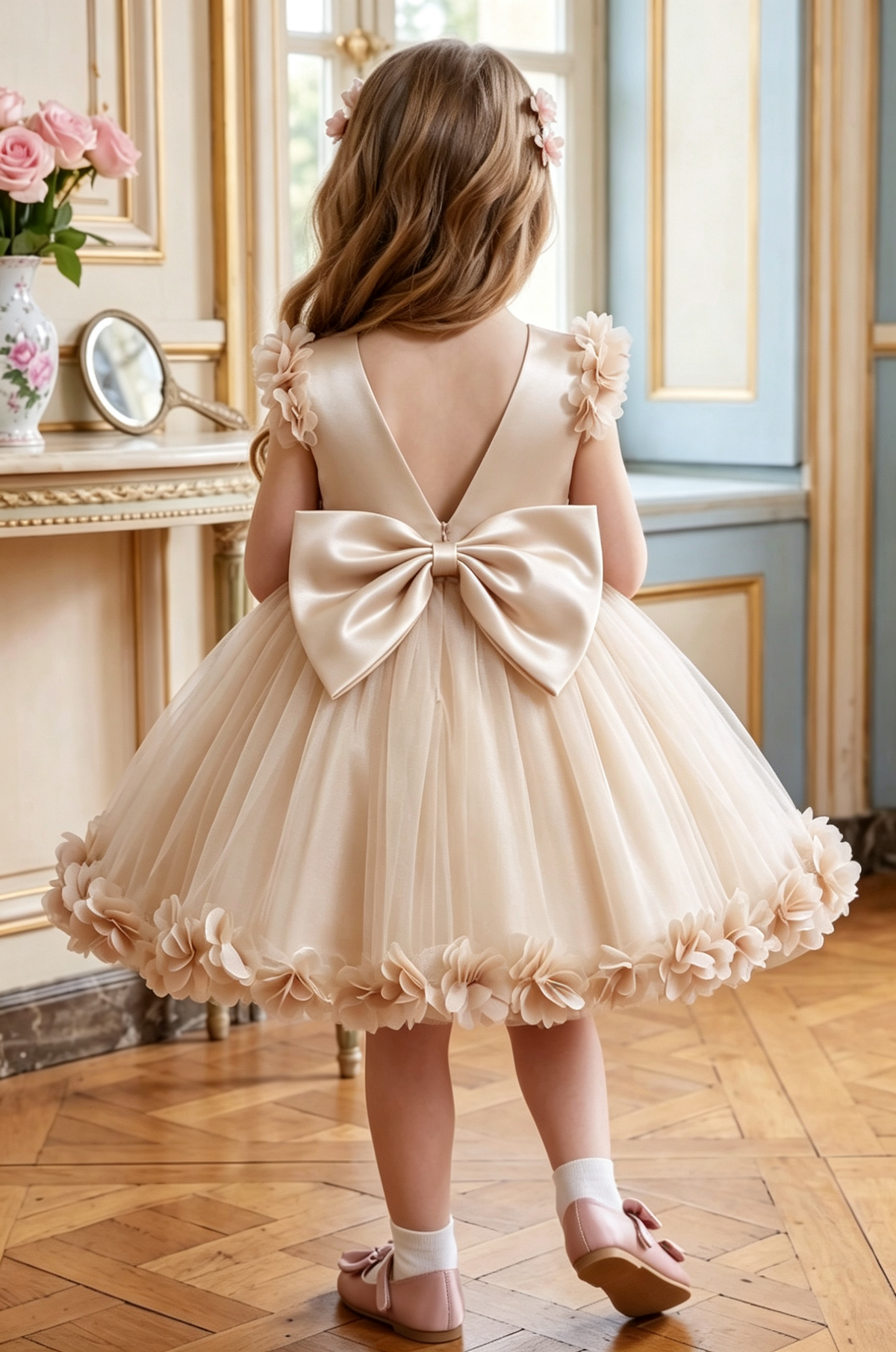 Pink Satin 3D Flowers Tulle Big Back Bow A-Line Flower Girl Dress