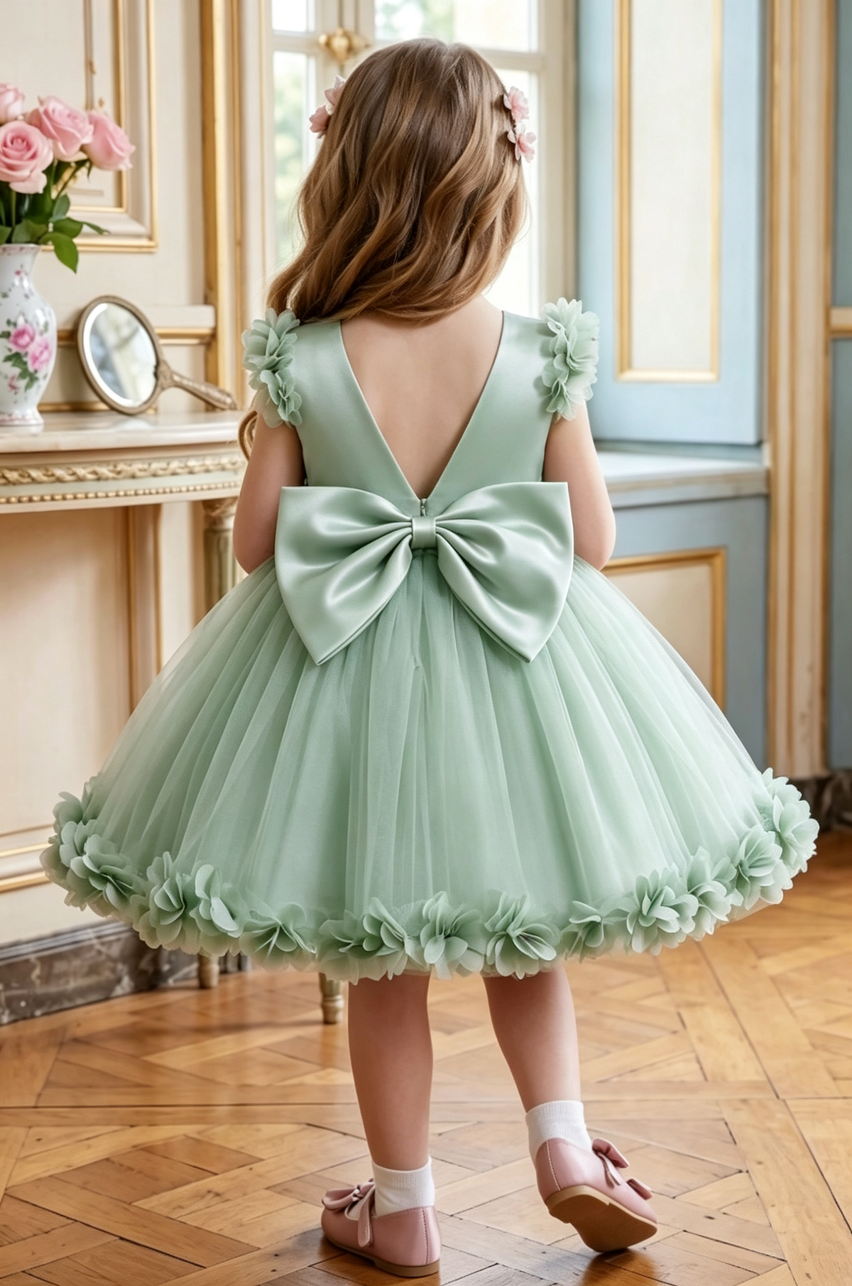 Pink Satin 3D Flowers Tulle Big Back Bow A-Line Flower Girl Dress