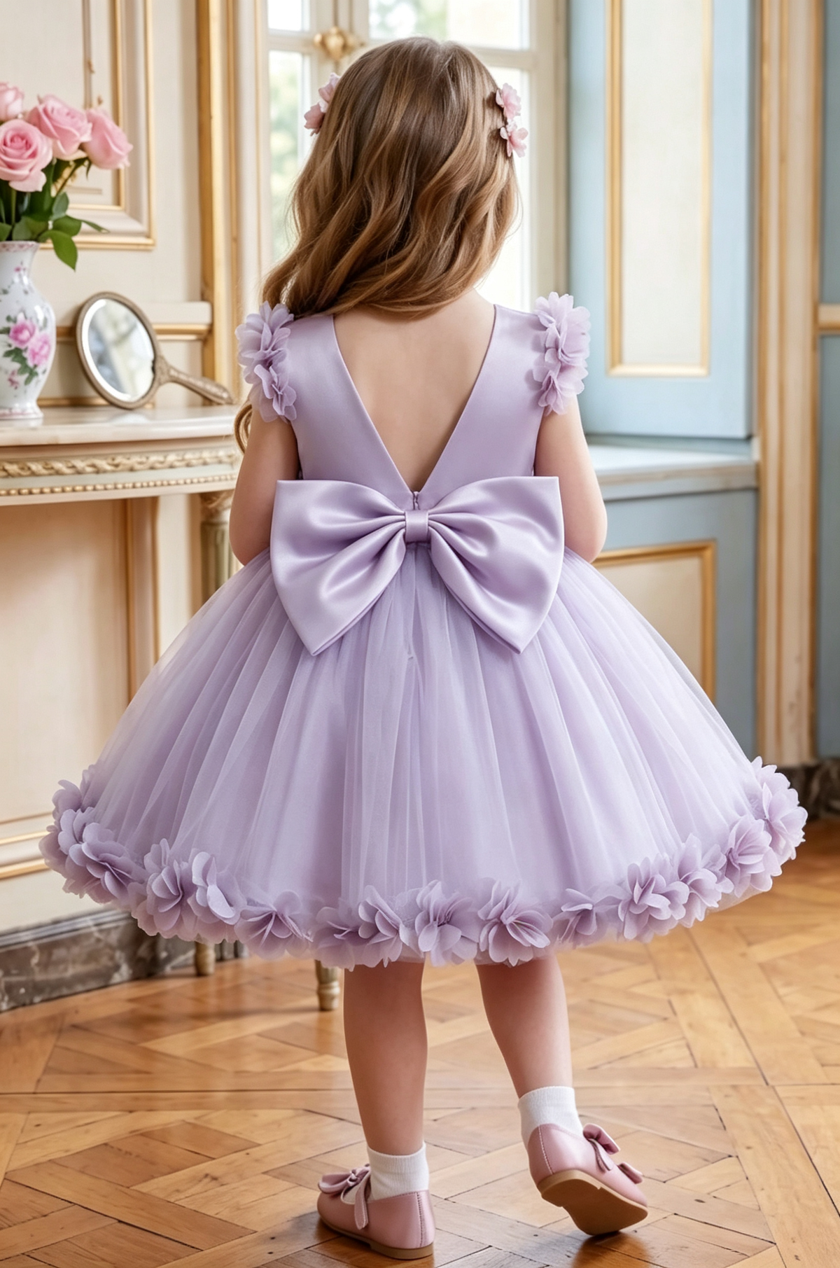 Pink Satin 3D Flowers Tulle Big Back Bow A-Line Flower Girl Dress