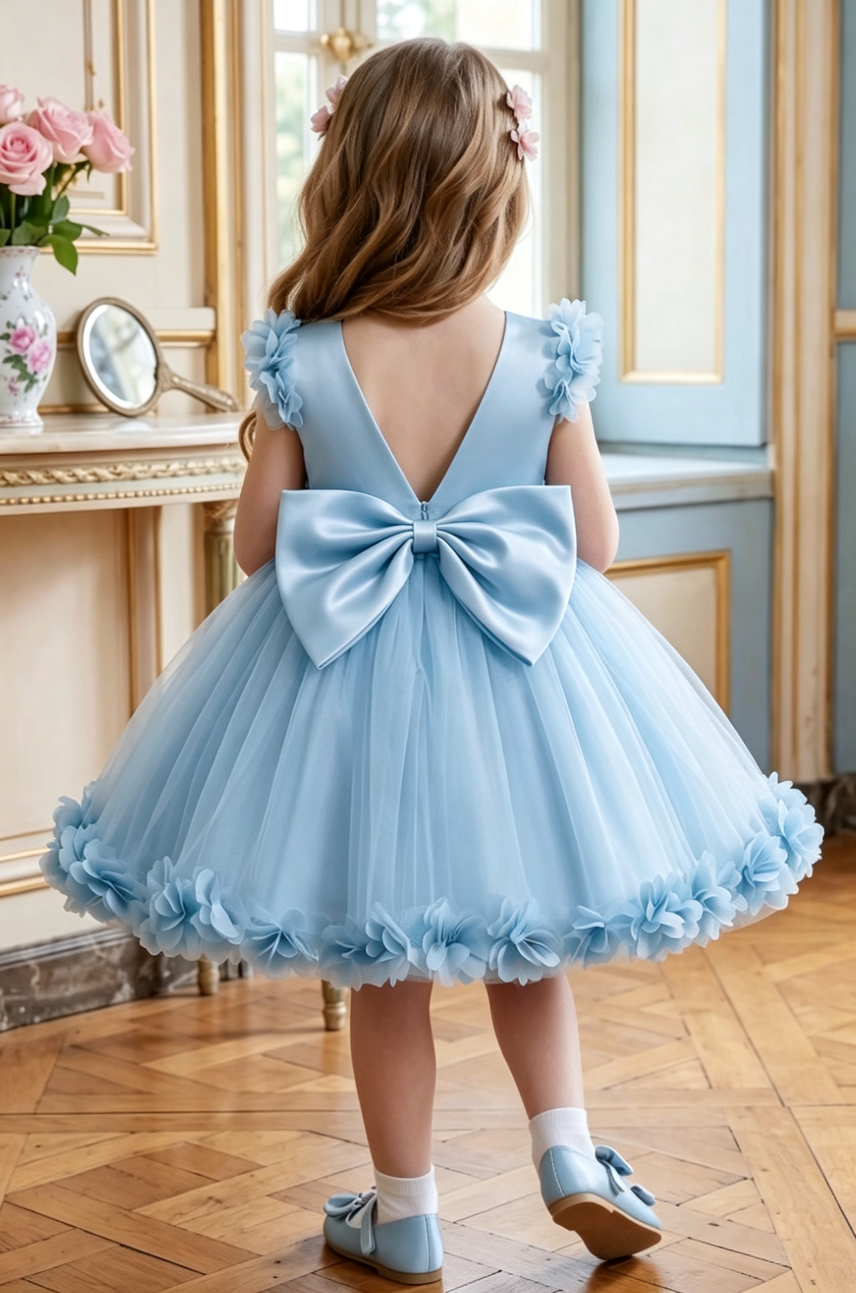 Pink Satin 3D Flowers Tulle Big Back Bow A-Line Flower Girl Dress