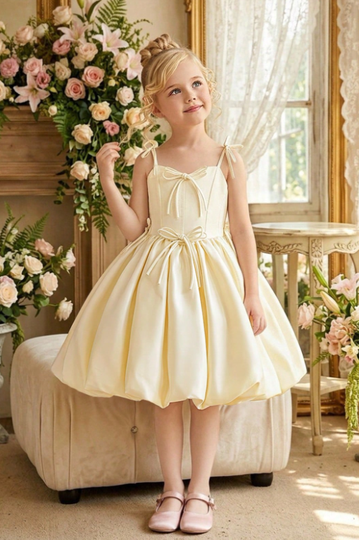Yellow Spaghetti Strap Satin Handmade Bows A-Line Flower Girl Bubble Dress