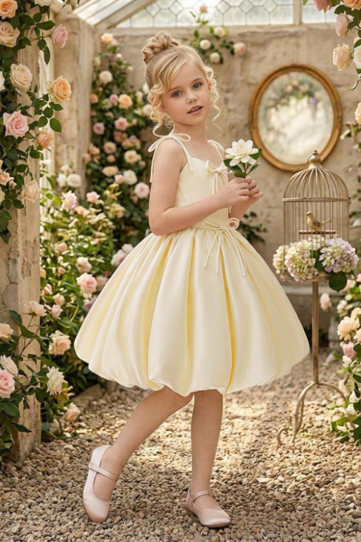 Yellow Spaghetti Strap Satin Handmade Bows A-Line Flower Girl Bubble Dress
