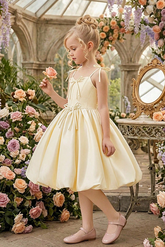 Yellow Spaghetti Strap Satin Handmade Bows A-Line Flower Girl Bubble Dress