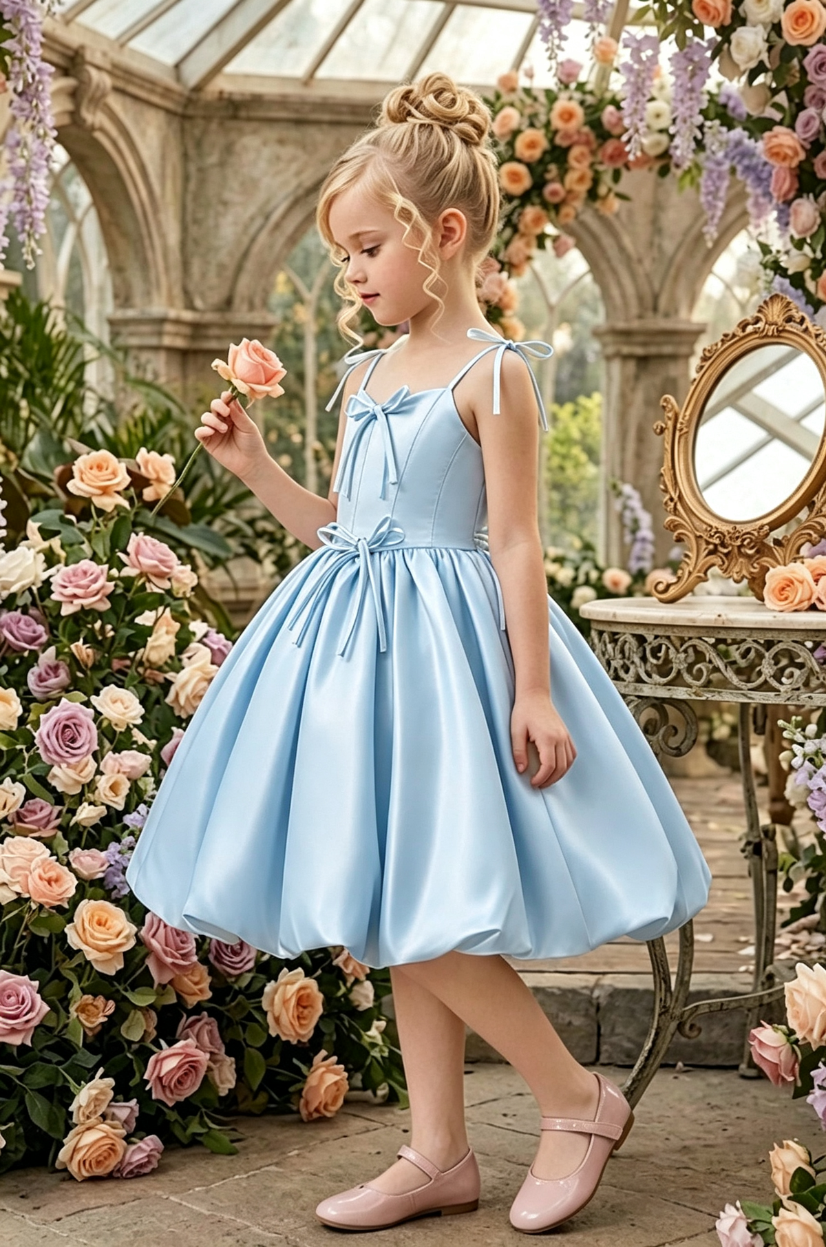 Yellow Spaghetti Strap Satin Handmade Bows A-Line Flower Girl Bubble Dress