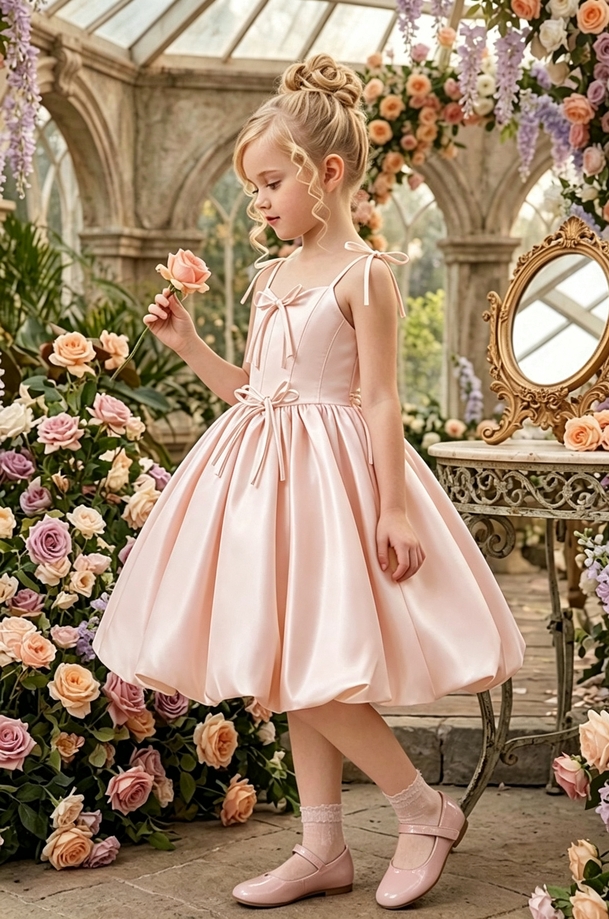 Yellow Spaghetti Strap Satin Handmade Bows A-Line Flower Girl Bubble Dress