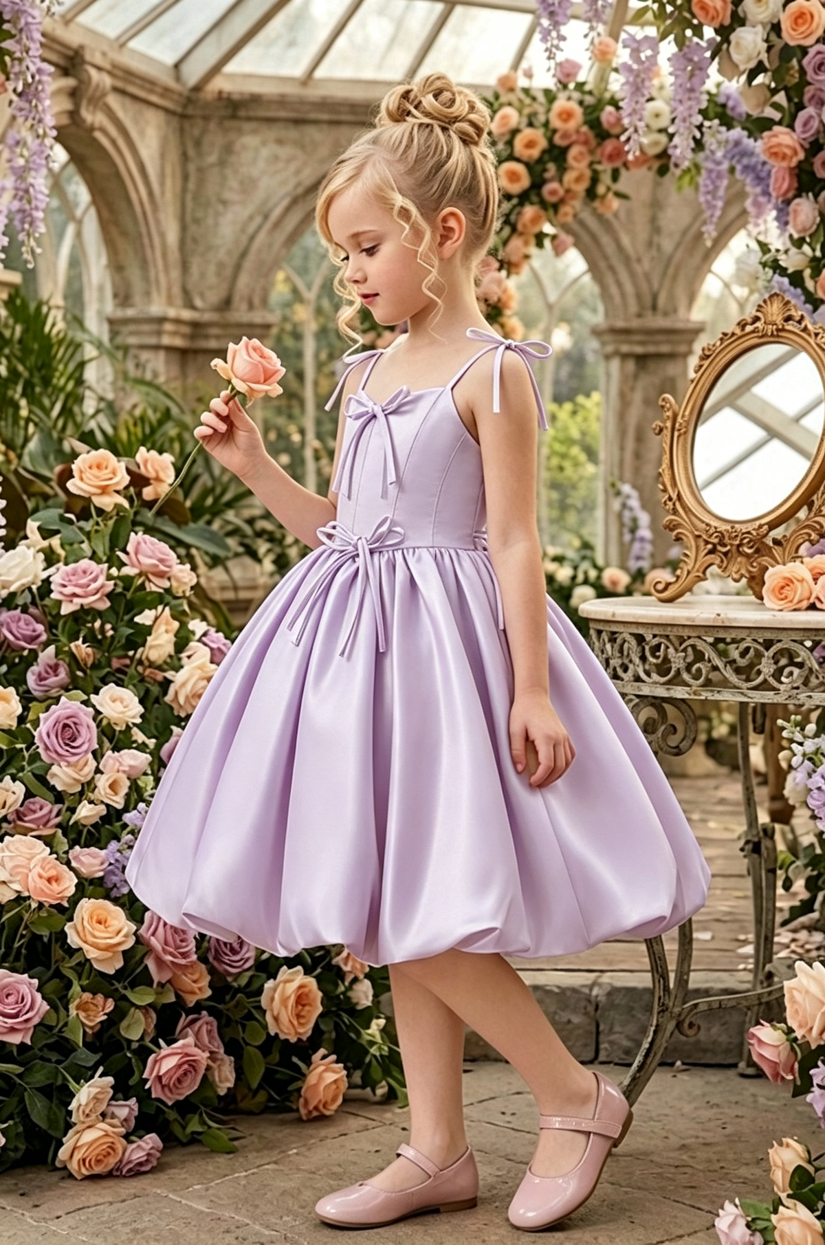 Yellow Spaghetti Strap Satin Handmade Bows A-Line Flower Girl Bubble Dress