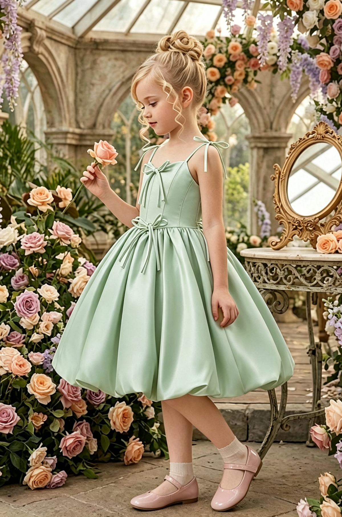 Yellow Spaghetti Strap Satin Handmade Bows A-Line Flower Girl Bubble Dress