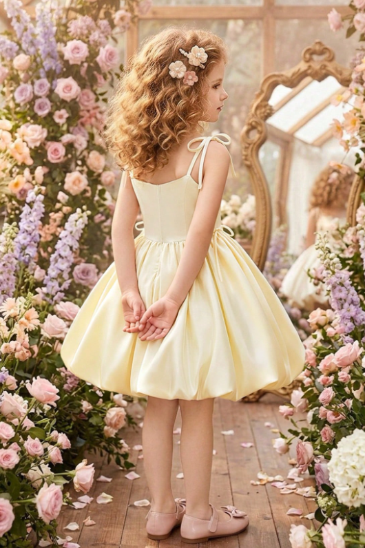 Yellow Spaghetti Strap Satin Handmade Bows A-Line Flower Girl Bubble Dress
