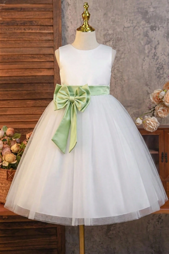 White & Green Satin Bow Tulle A-Line Flower Girl Dress