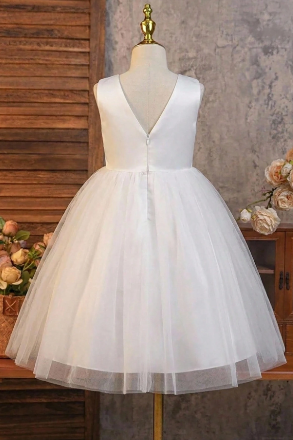 White & Green Satin Bow Tulle A-Line Flower Girl Dress