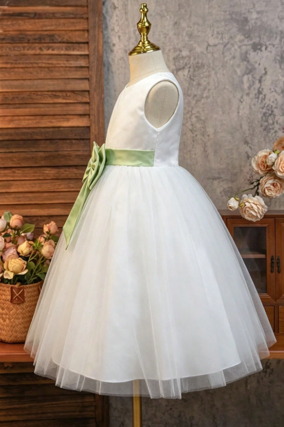 White & Green Satin Bow Tulle A-Line Flower Girl Dress