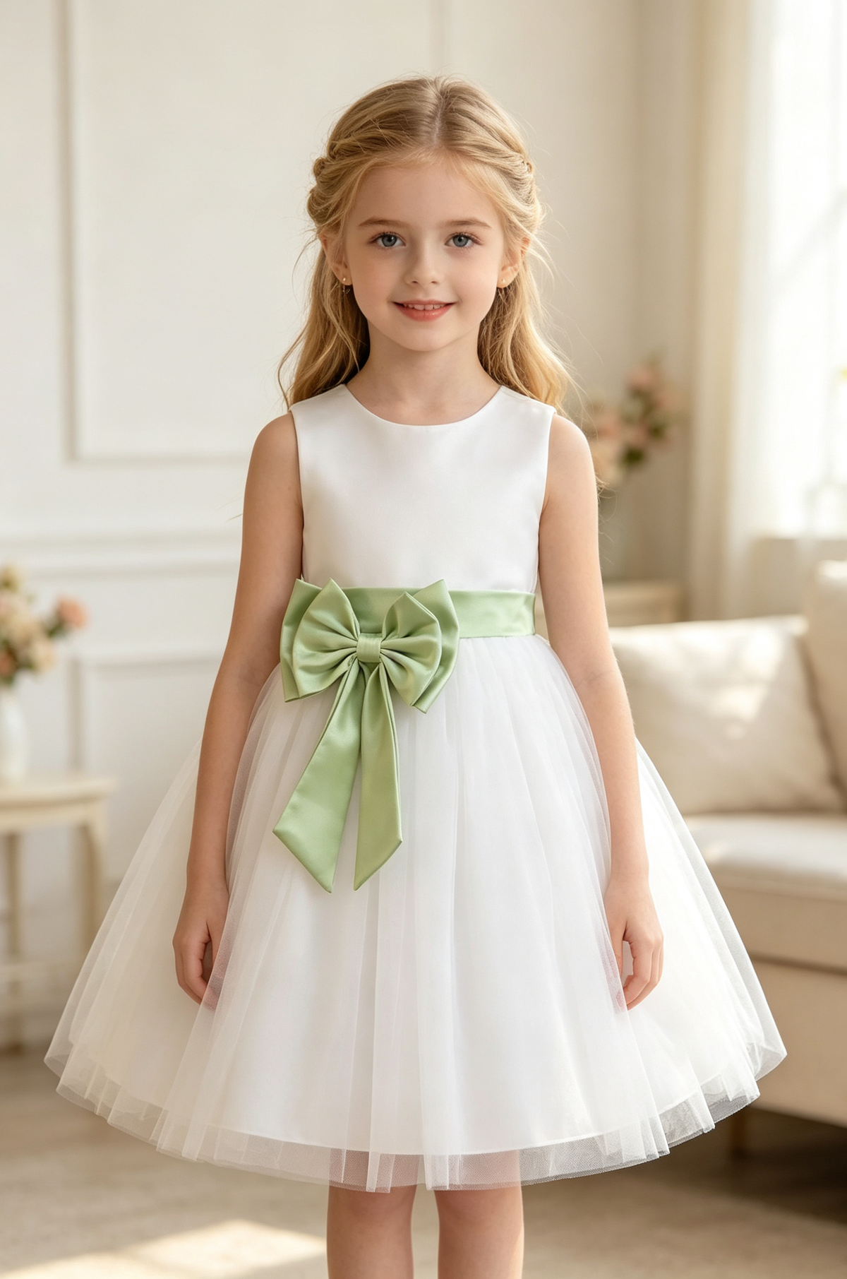 White & Green Satin Bow Tulle A-Line Flower Girl Dress