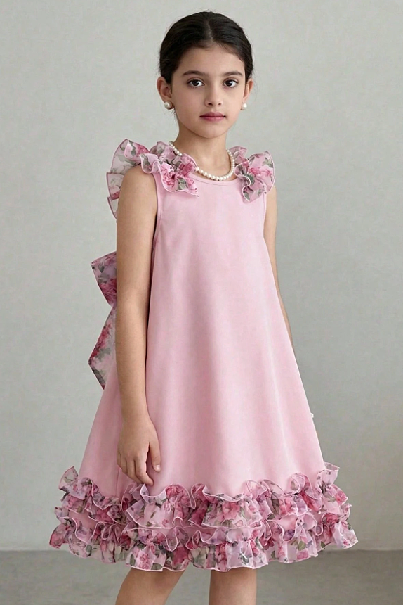 Pink Girls Sleeveless Chiffon Ruffle Floral Print Large Back Bow A-Line Dress