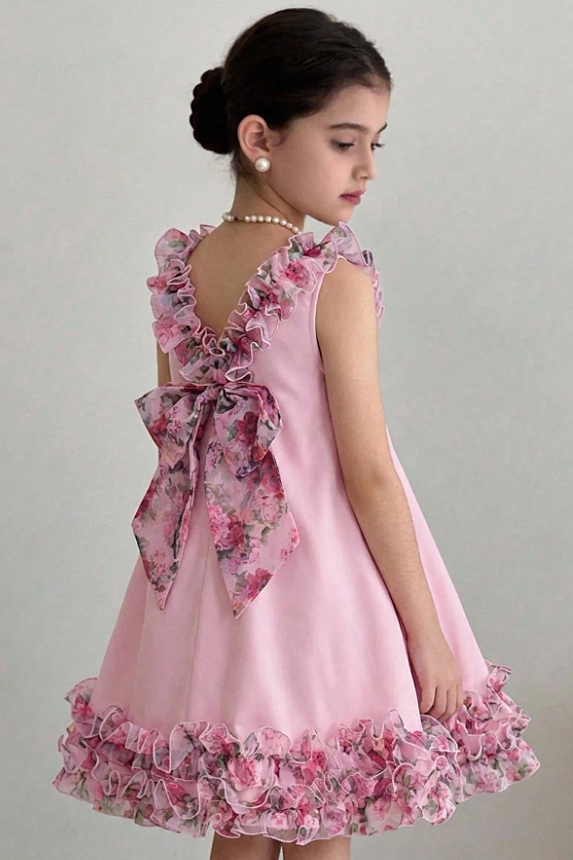 Pink Girls Sleeveless Chiffon Ruffle Floral Print Large Back Bow A-Line Dress