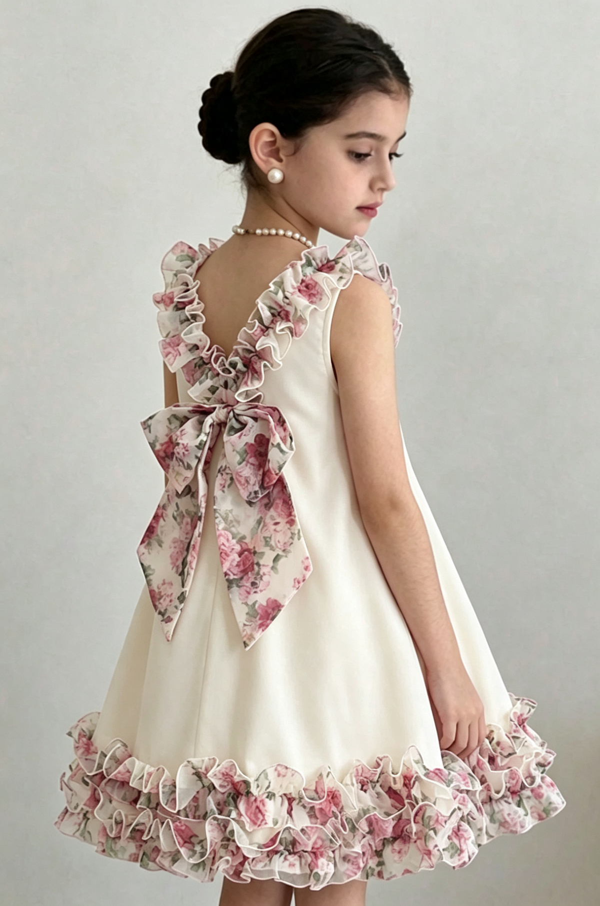 Pink Girls Sleeveless Chiffon Ruffle Floral Print Large Back Bow A-Line Dress