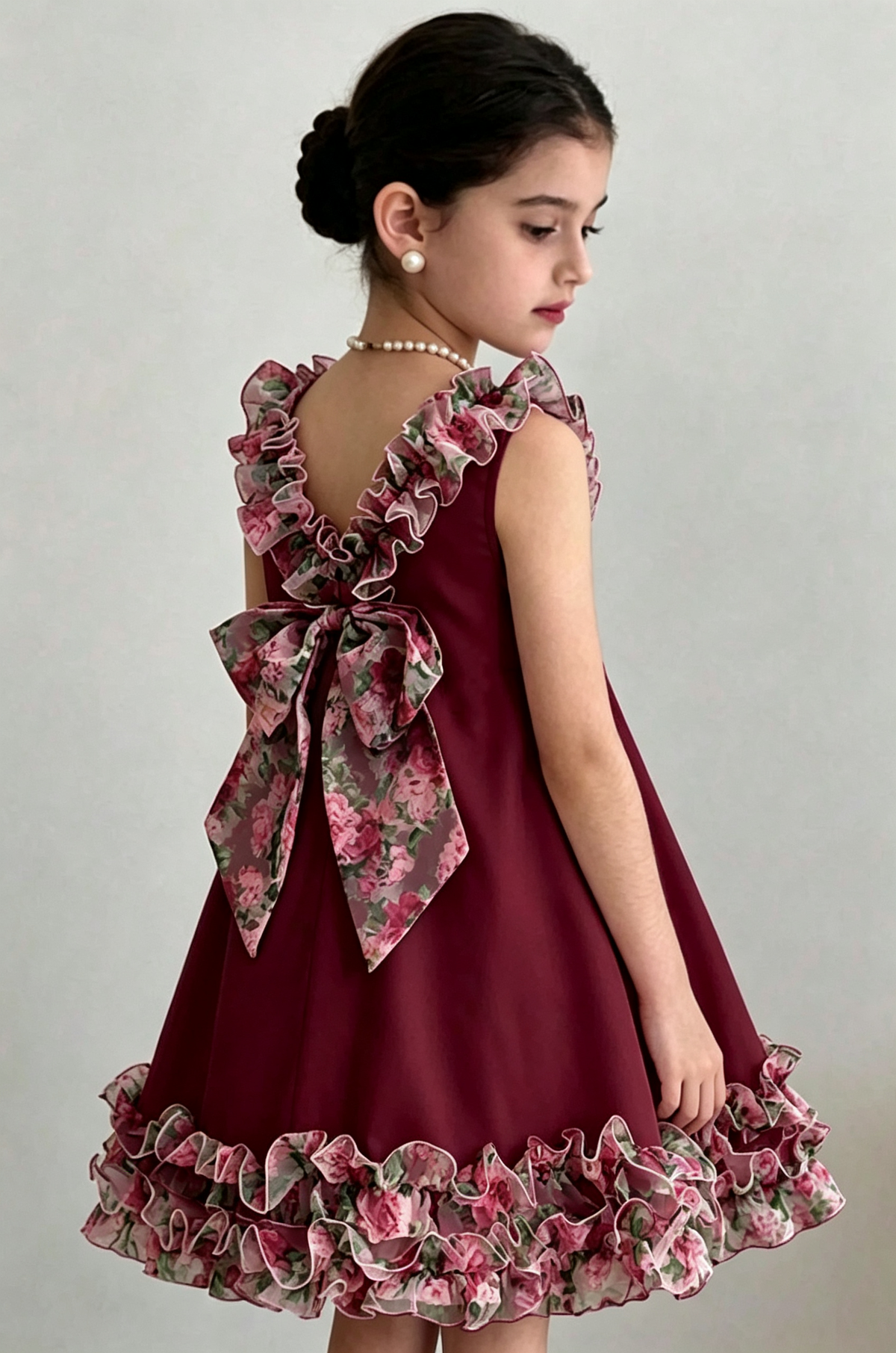 Pink Girls Sleeveless Chiffon Ruffle Floral Print Large Back Bow A-Line Dress