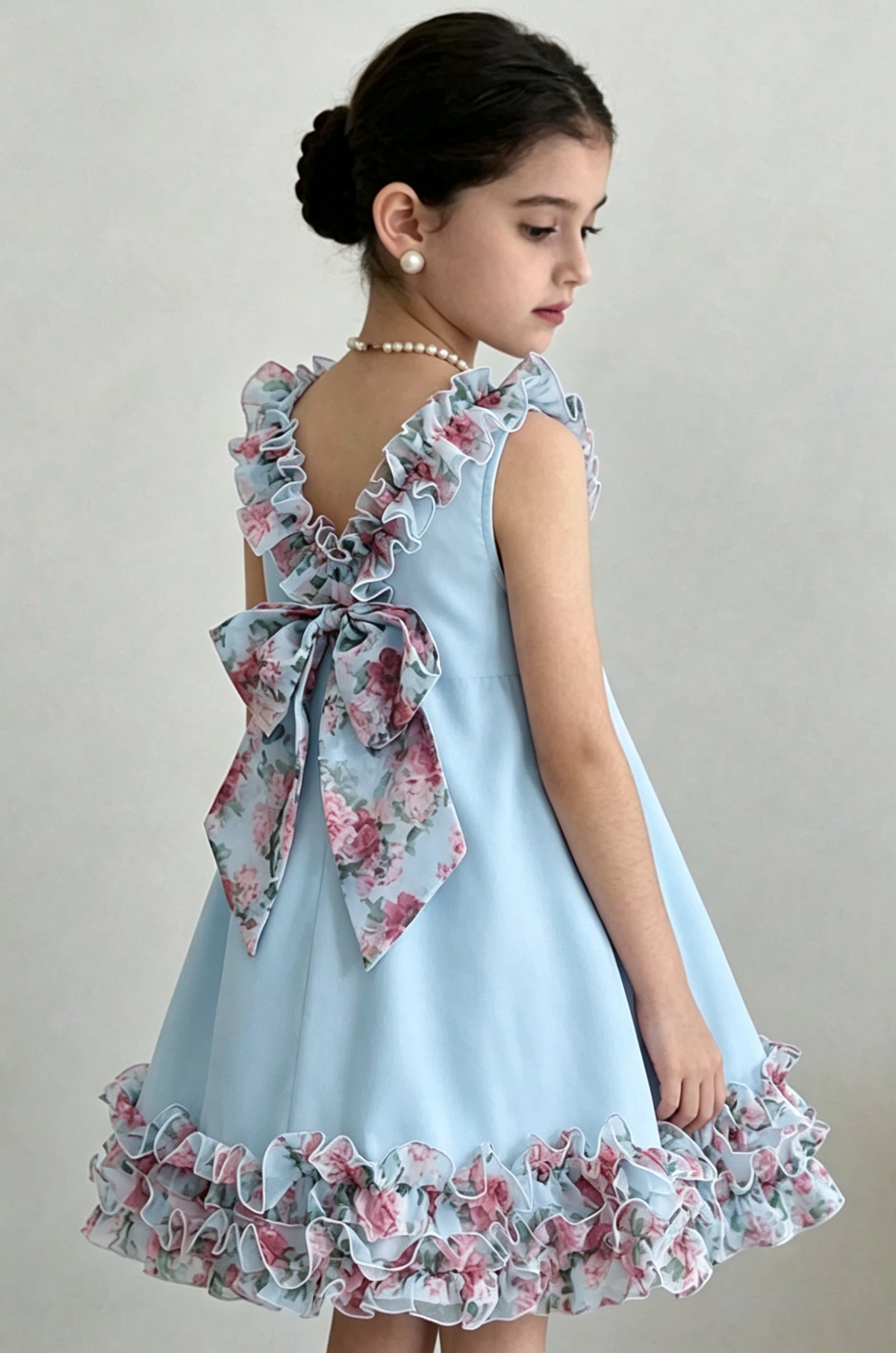 Pink Girls Sleeveless Chiffon Ruffle Floral Print Large Back Bow A-Line Dress