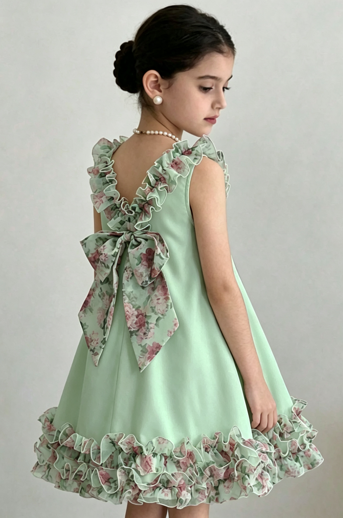 Pink Girls Sleeveless Chiffon Ruffle Floral Print Large Back Bow A-Line Dress