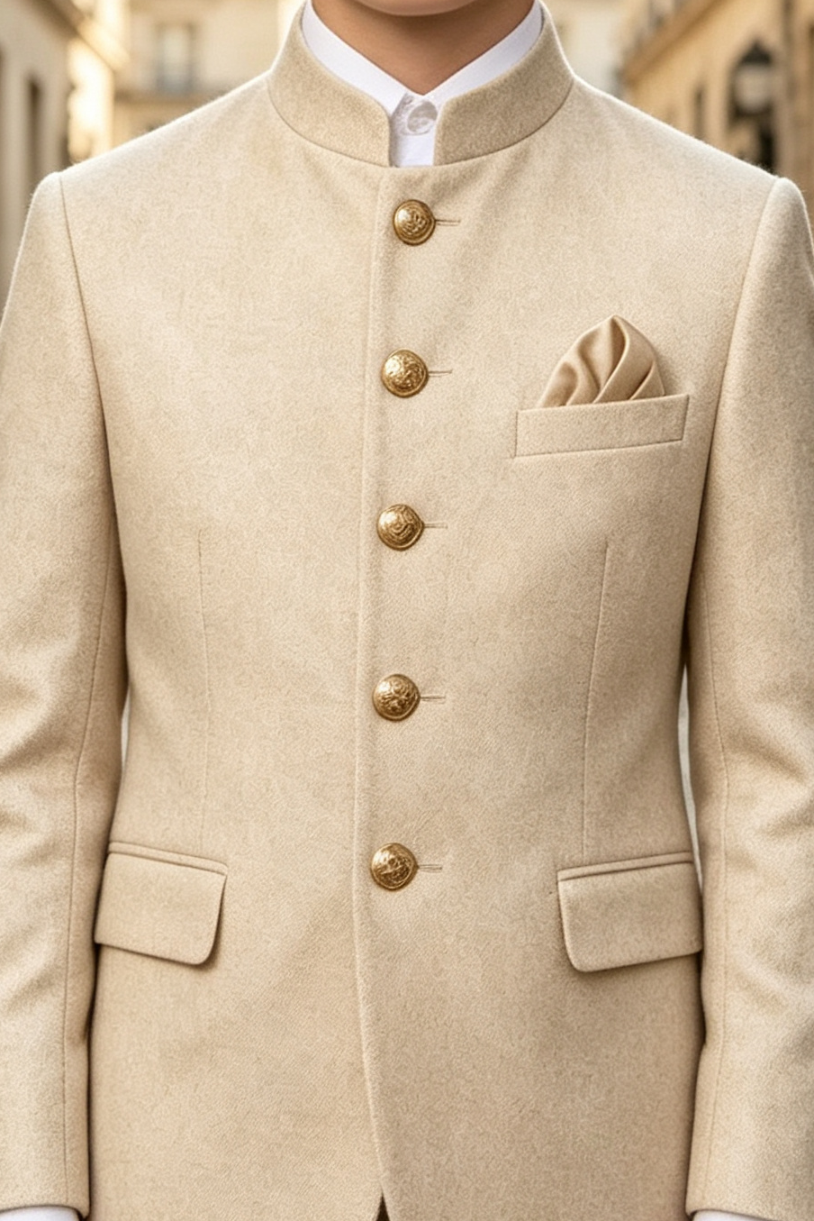 Beige Boys Stand Collar Gabardine Blend Single Breasted 2 Piece Suit