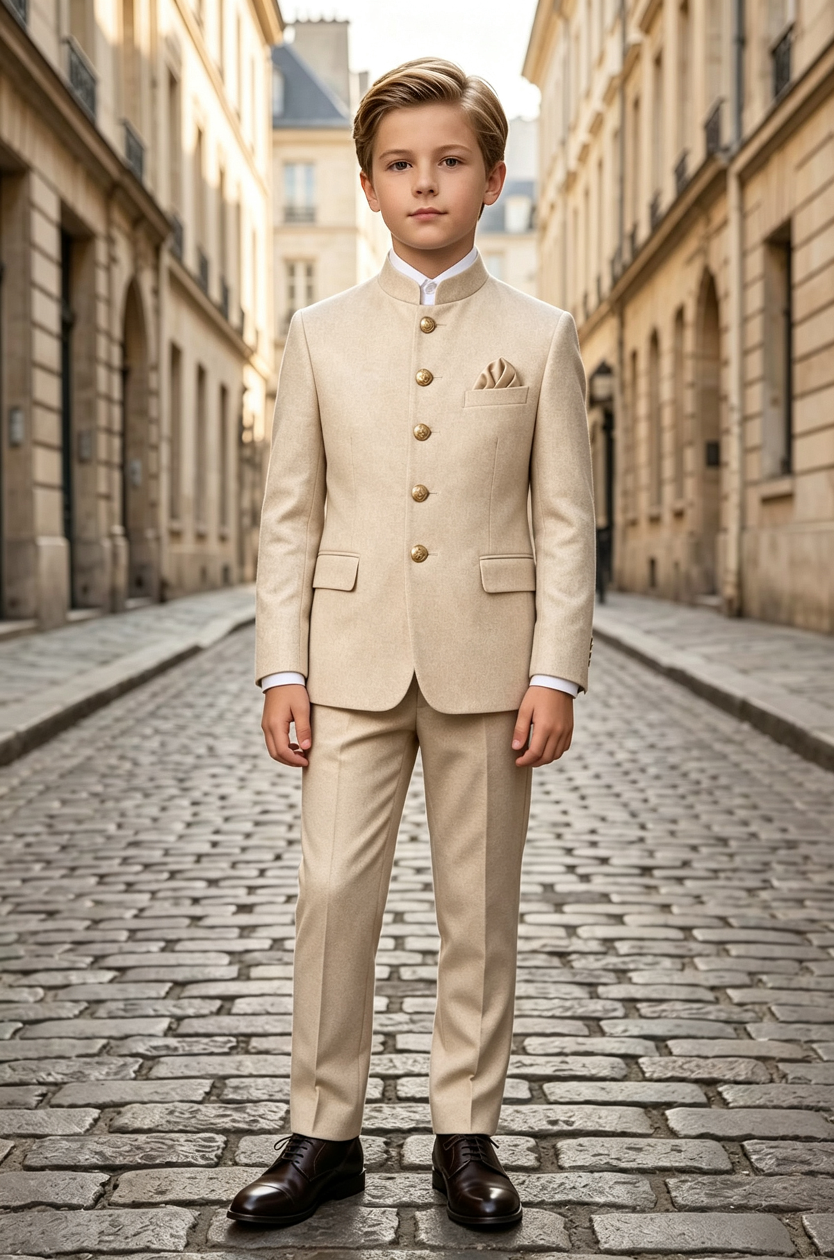 Beige Boys Stand Collar Gabardine Blend Single Breasted 2 Piece Suit