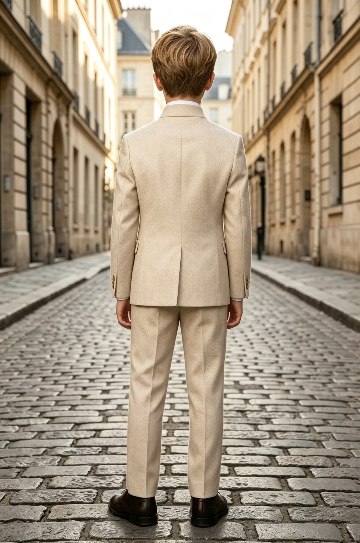 Beige Boys Stand Collar Gabardine Blend Single Breasted 2 Piece Suit