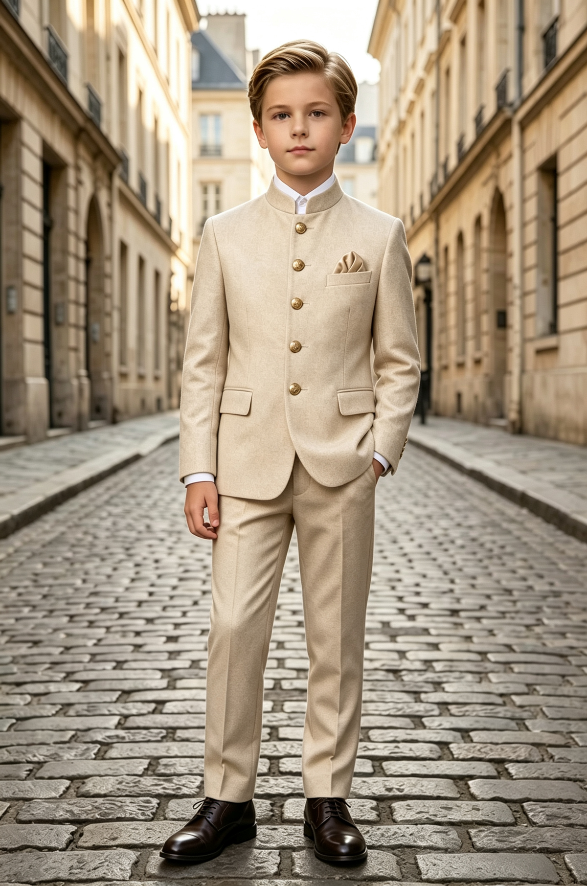 Beige Boys Stand Collar Gabardine Blend Single Breasted 2 Piece Suit