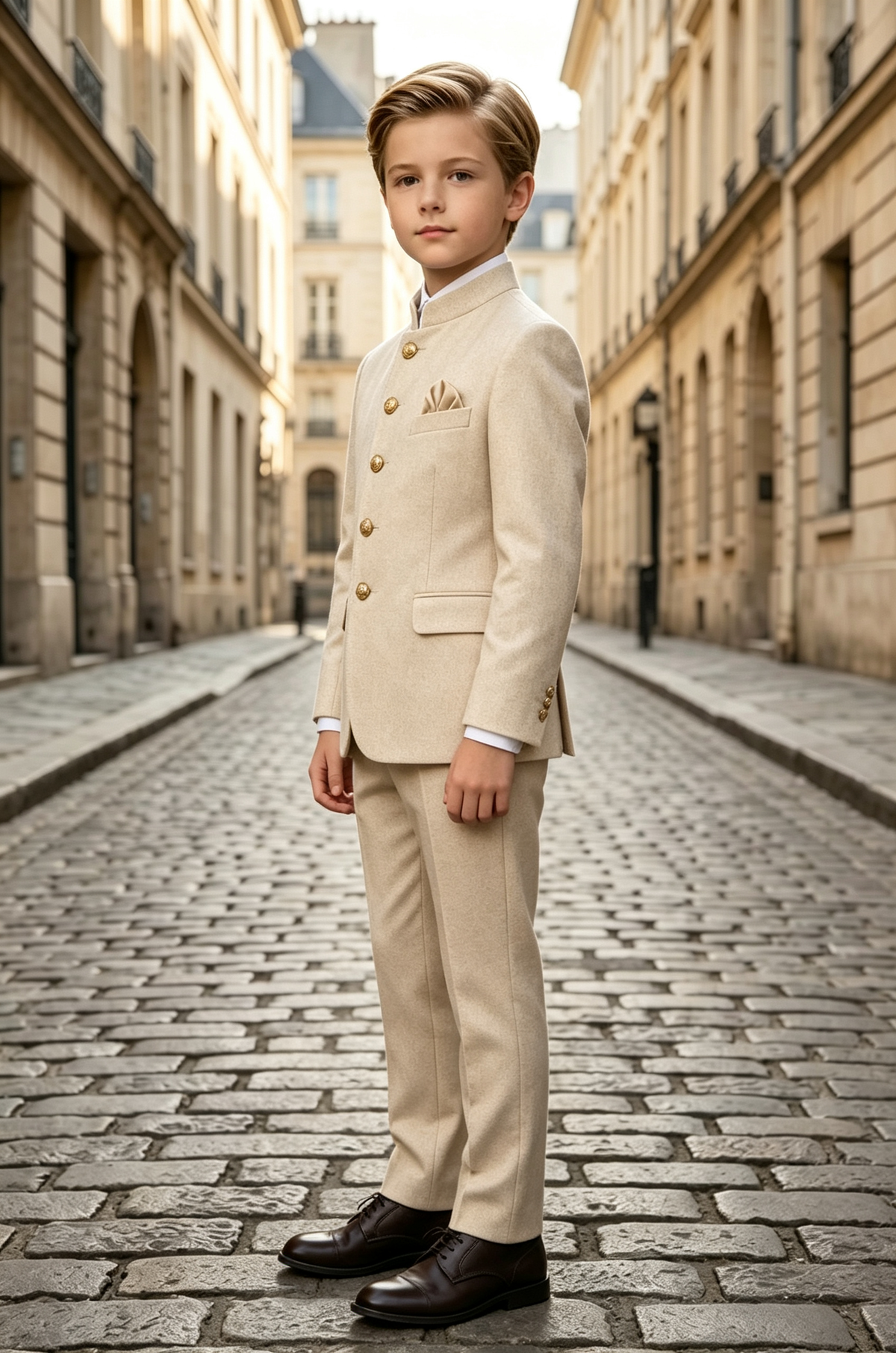 Beige Boys Stand Collar Gabardine Blend Single Breasted 2 Piece Suit