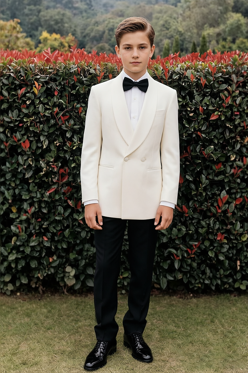Cream & Black Boys Double Breasted 2 Piece Suit