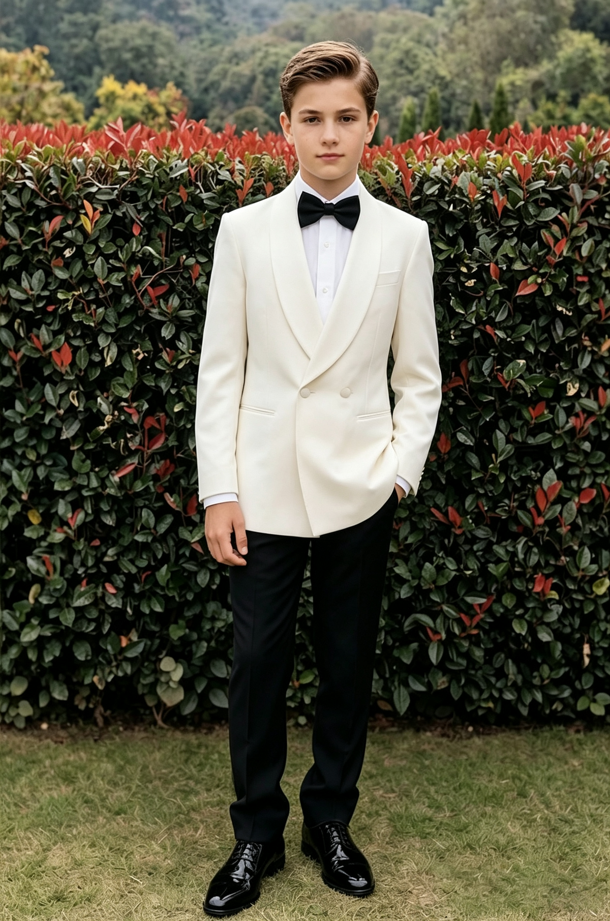 Cream & Black Boys Double Breasted 2 Piece Suit