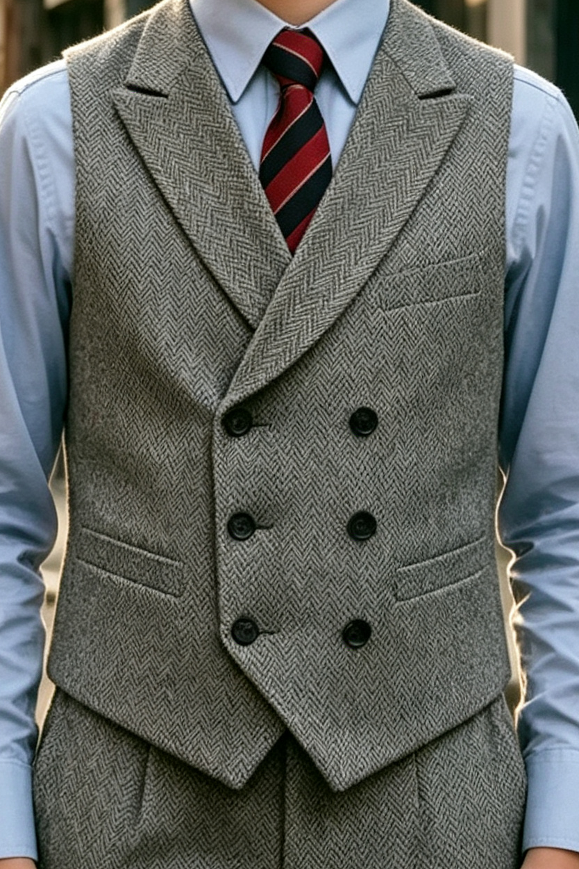 Grey Herringbone Boys Double Breasted Waistcoat 2 Piece Suit
