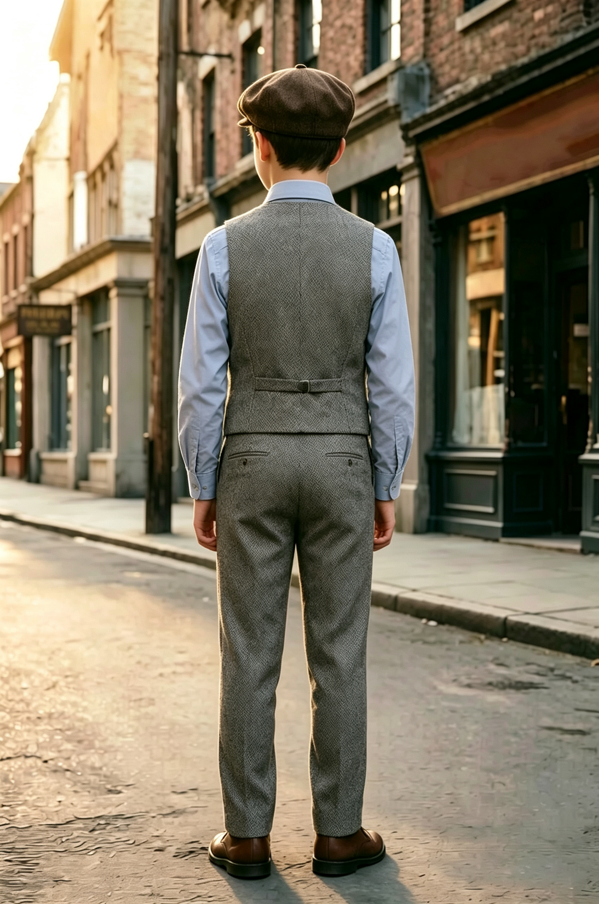 Grey Herringbone Boys Double Breasted Waistcoat 2 Piece Suit