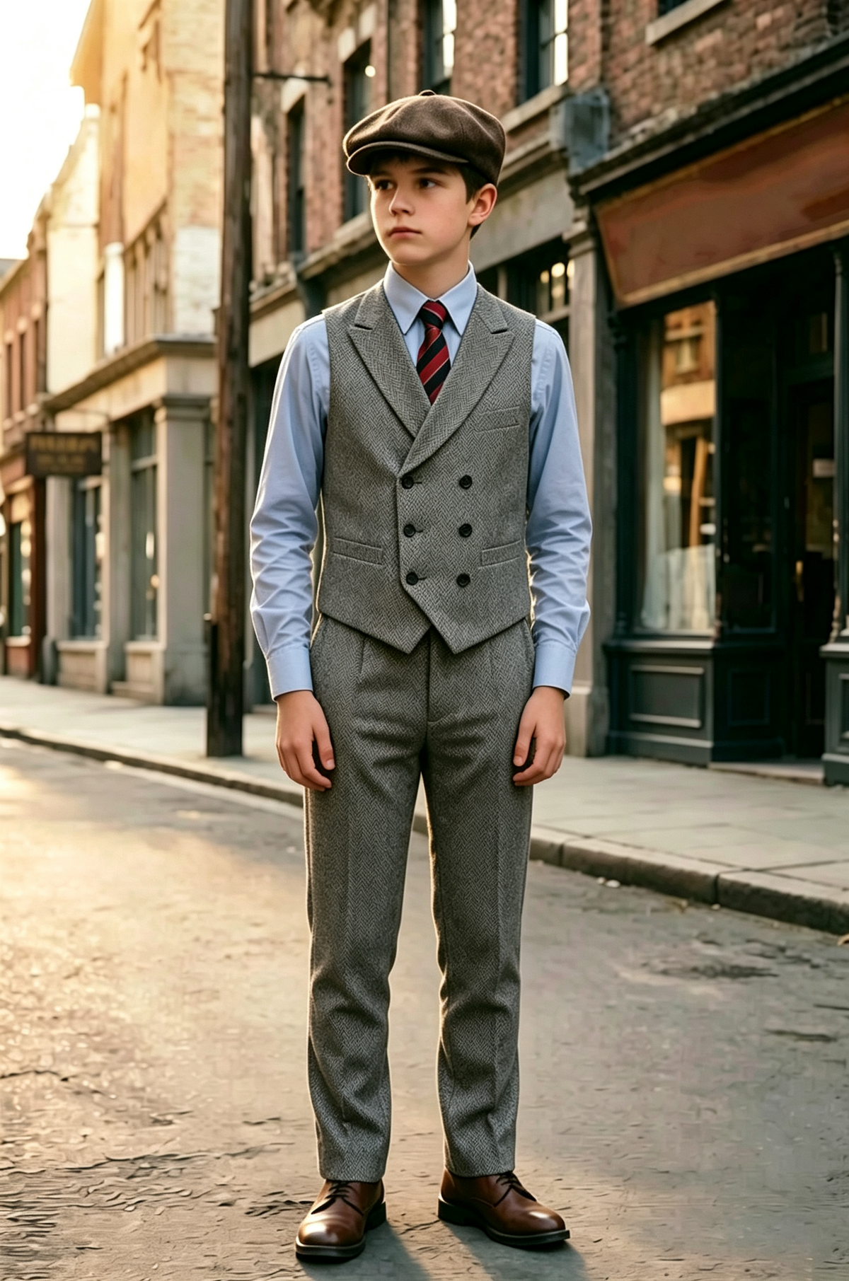 Grey Herringbone Boys Double Breasted Waistcoat 2 Piece Suit