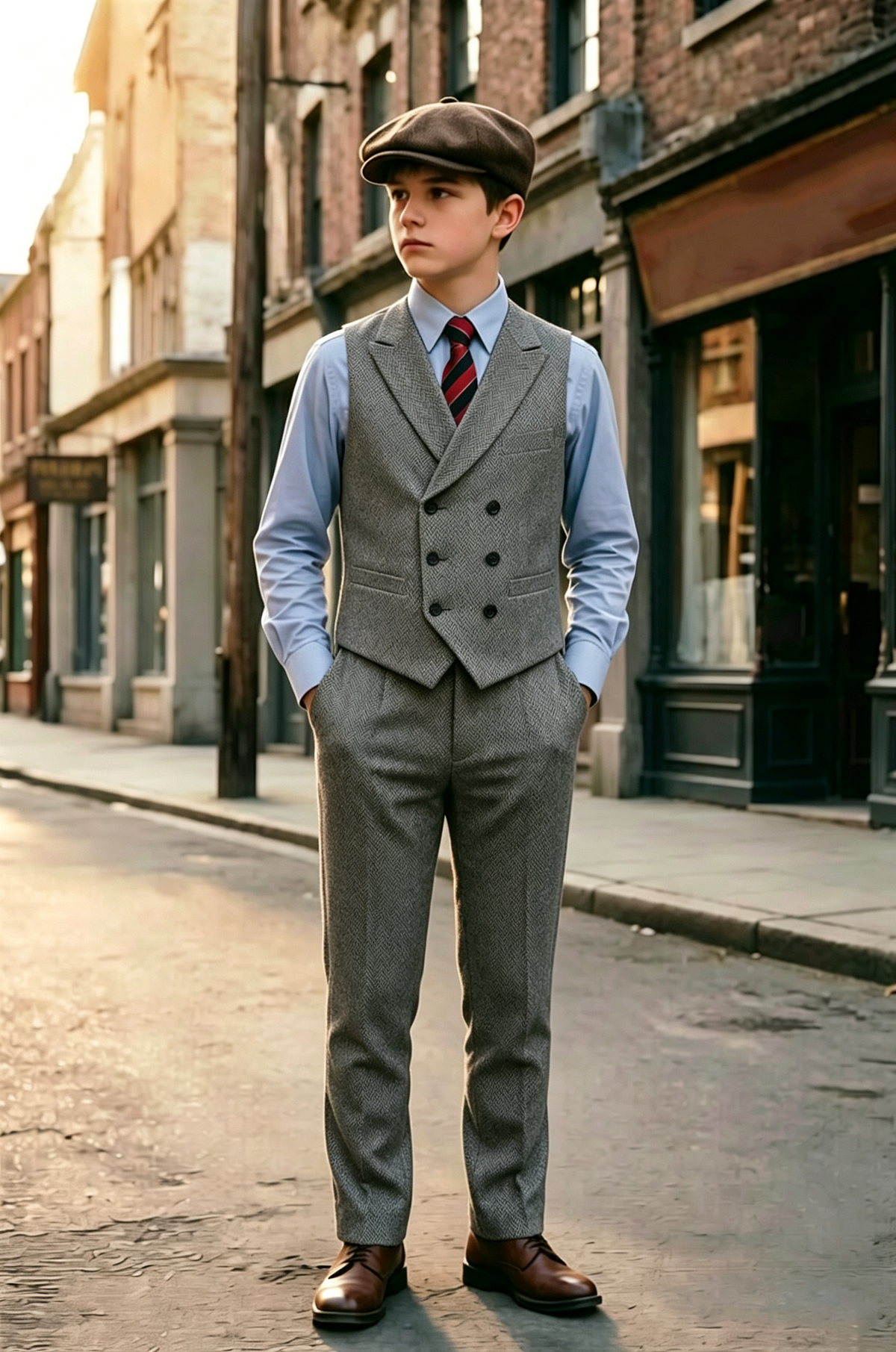 Grey Herringbone Boys Double Breasted Waistcoat 2 Piece Suit