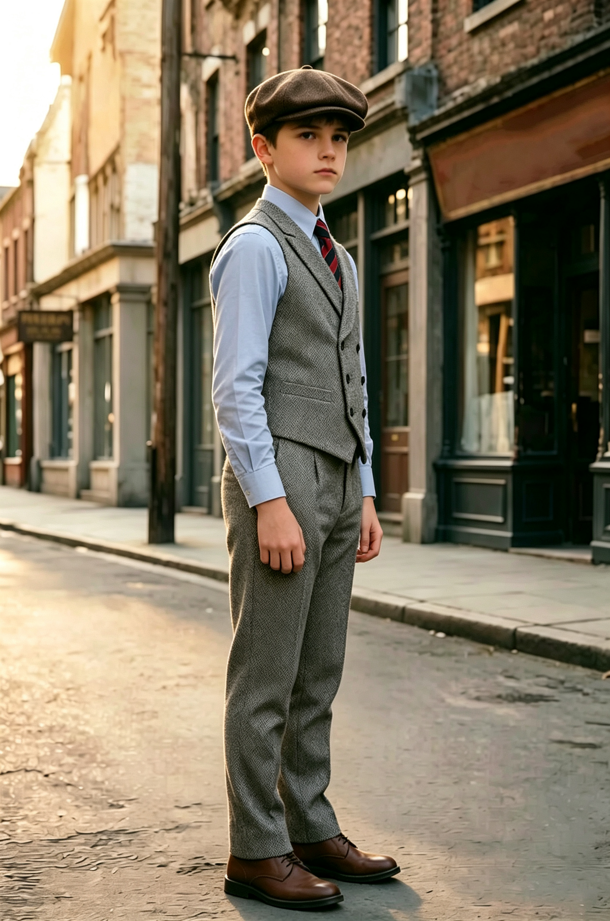 Grey Herringbone Boys Double Breasted Waistcoat 2 Piece Suit