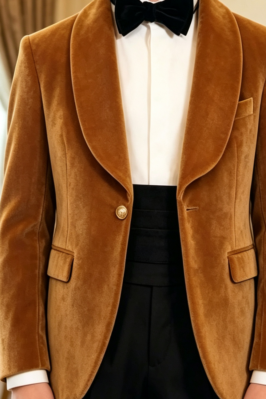 Tan Boys Velvet Shawl Lapel Single Breasted Gold Button Blazer