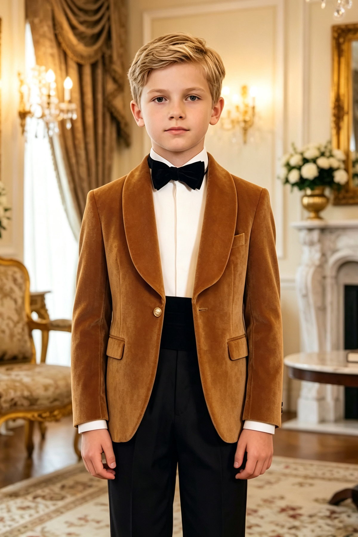 Tan Boys Velvet Shawl Lapel Single Breasted Gold Button Blazer