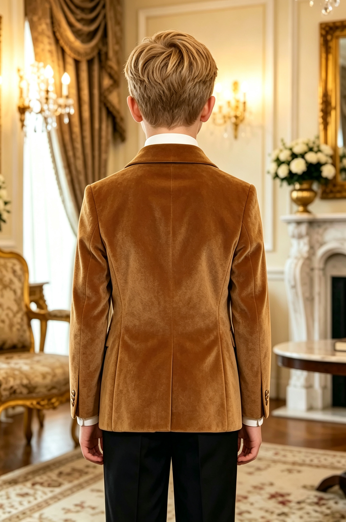 Tan Boys Velvet Shawl Lapel Single Breasted Gold Button Blazer