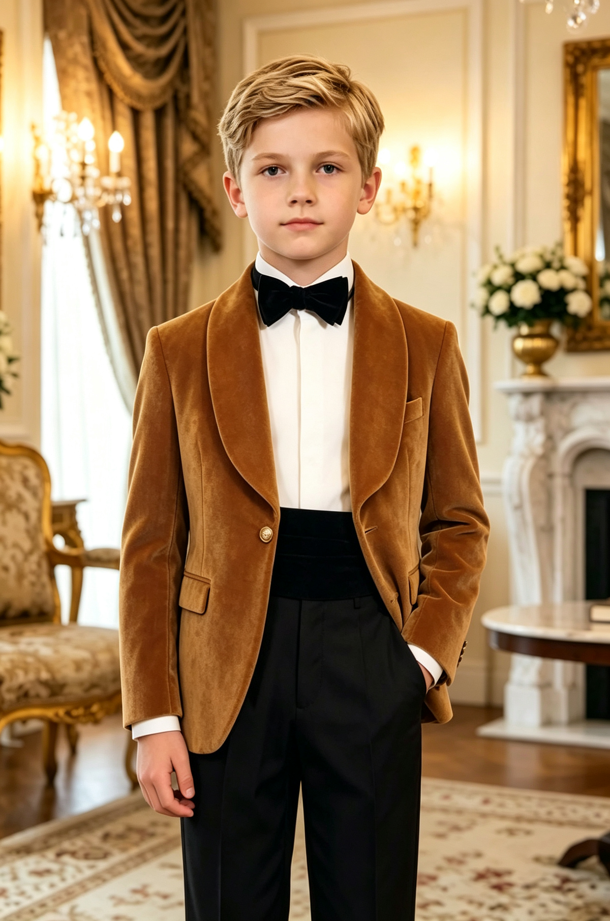 Tan Boys Velvet Shawl Lapel Single Breasted Gold Button Blazer