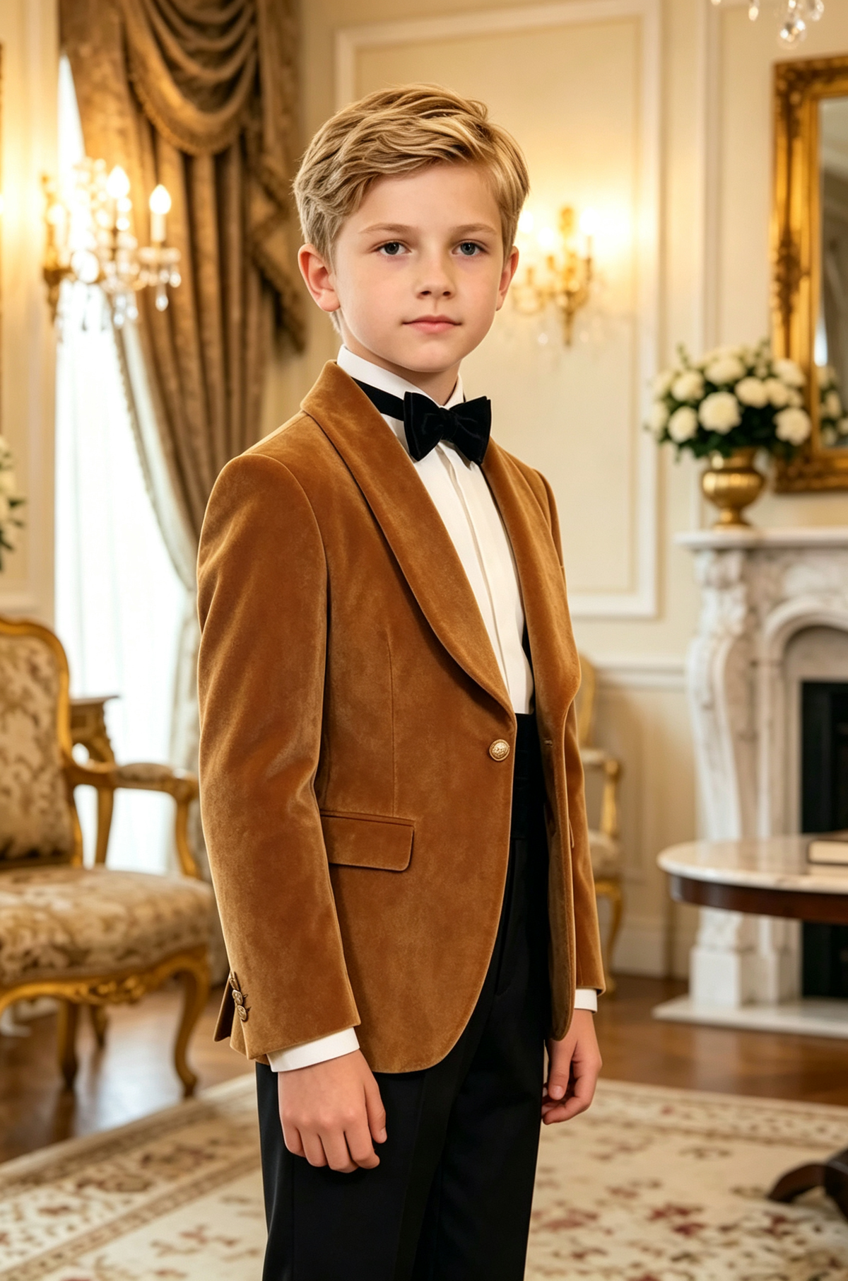 Tan Boys Velvet Shawl Lapel Single Breasted Gold Button Blazer