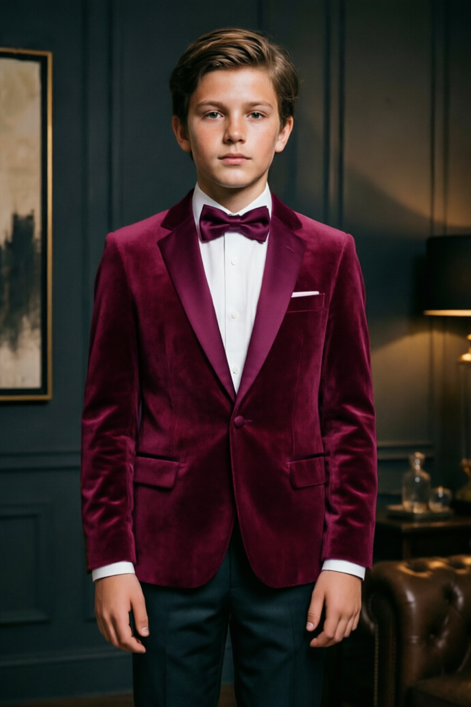 Deep Magenta Boys Velvet Peak Lapel Satin Single Breasted Blazer