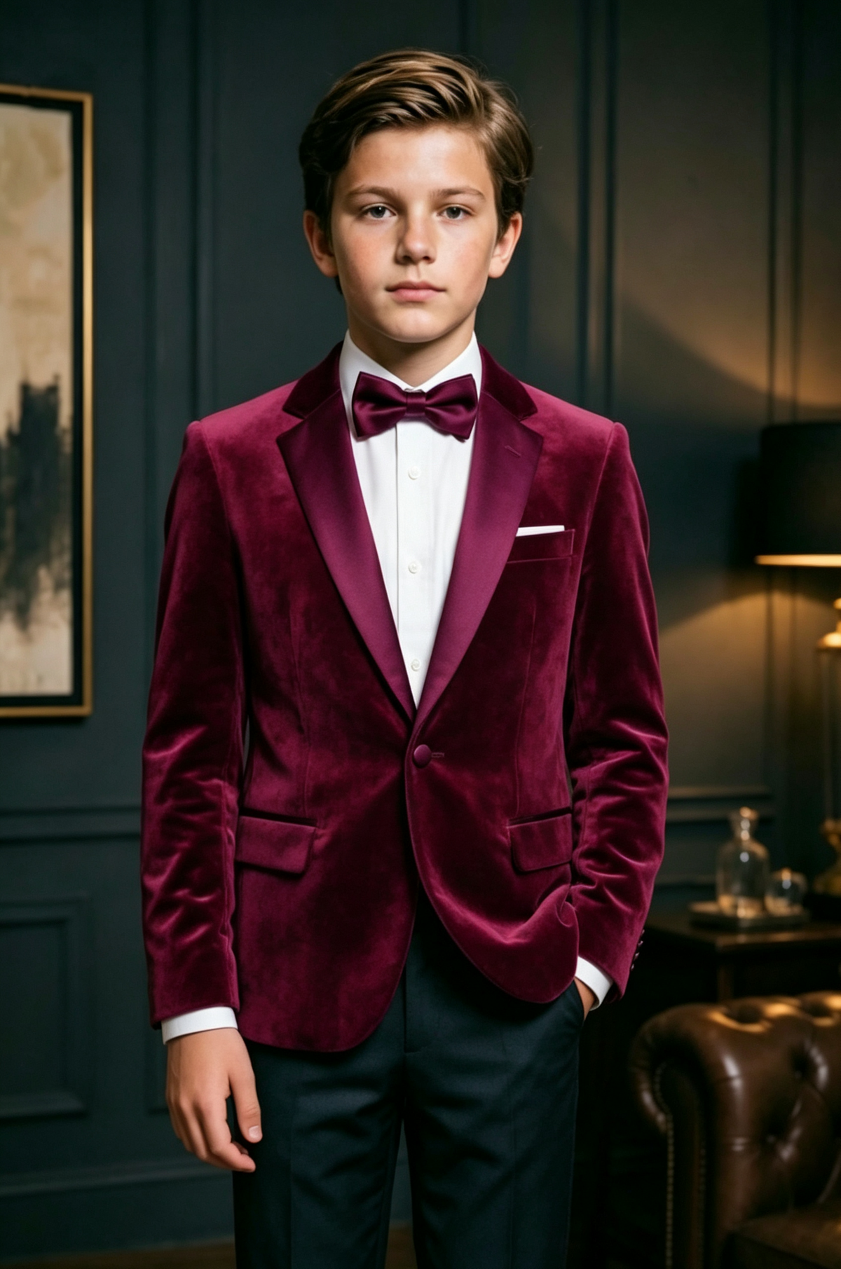 Deep Magenta Boys Velvet Peak Lapel Satin Single Breasted Blazer