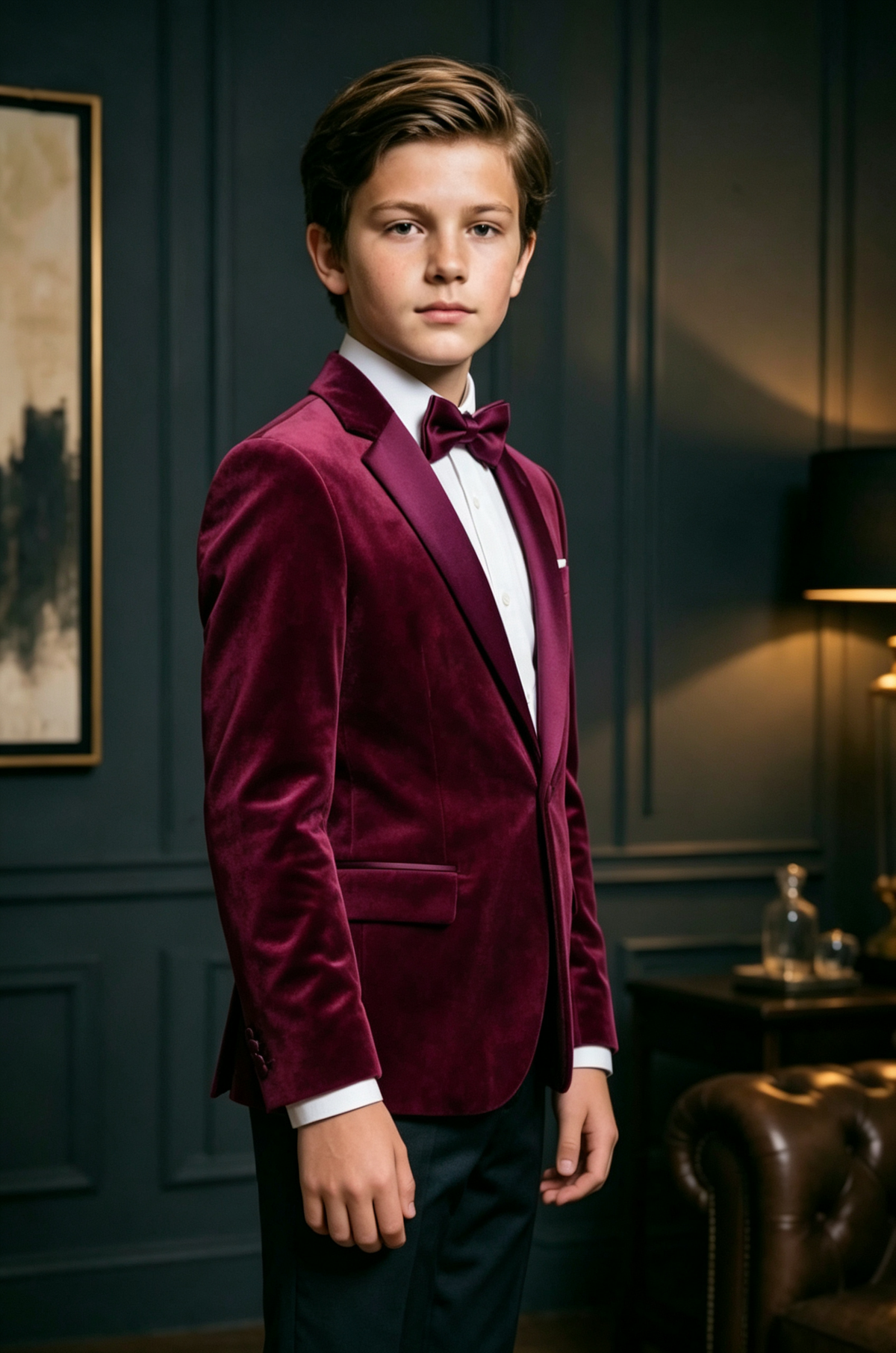 Deep Magenta Boys Velvet Peak Lapel Satin Single Breasted Blazer