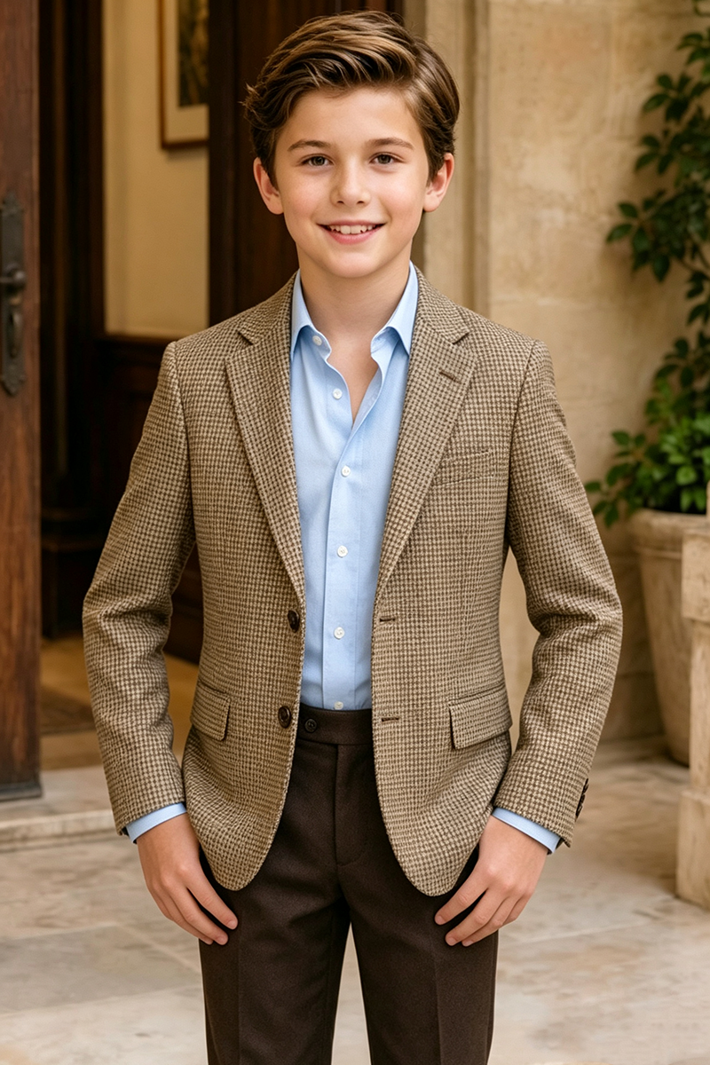 Boys Brown Houndstooth with Notch Lapel 2-Piece Suit for Weddings