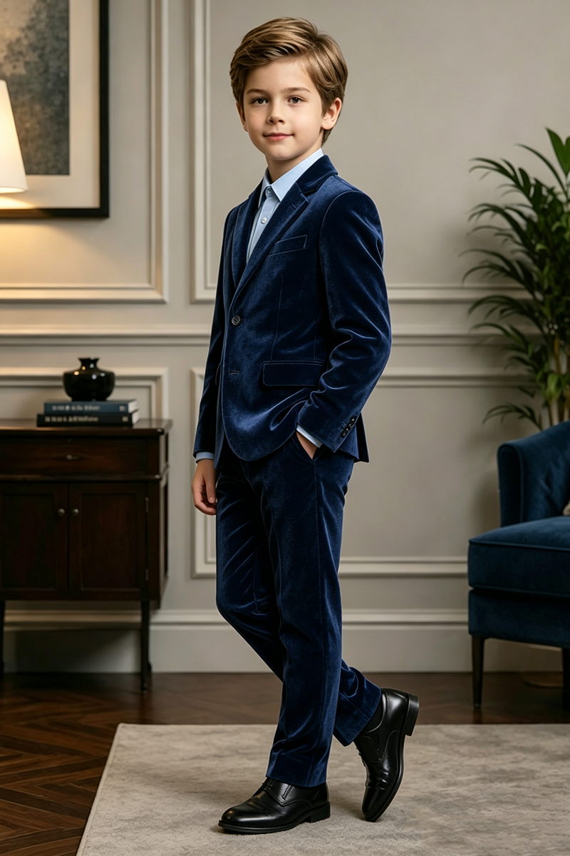 Boys Navy Velvet with Notch Lapel 2-Piece Suit for Weddings